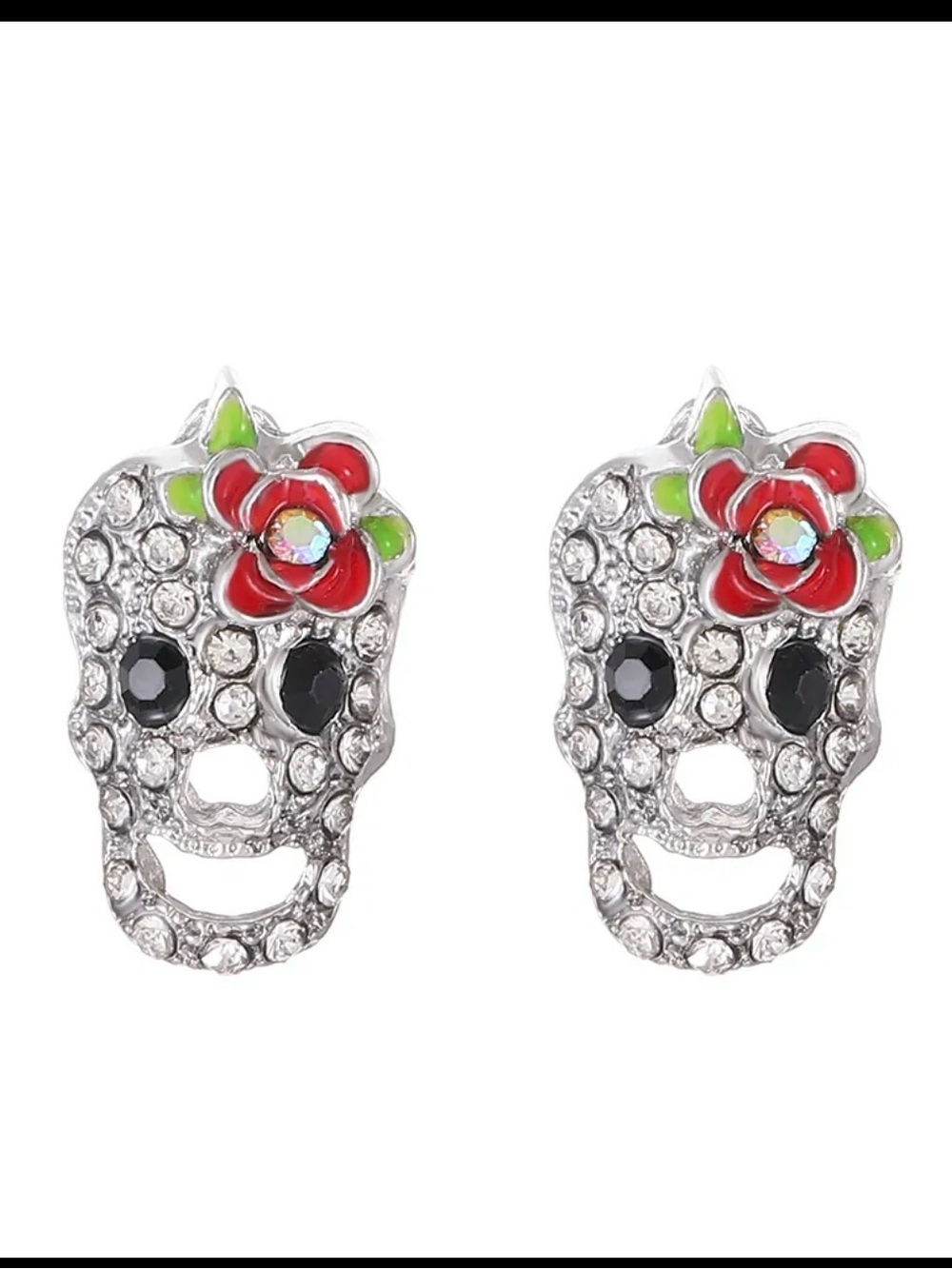 Crystal Skull Flower Stud Earrings Rhinestone Crystal Red Rose